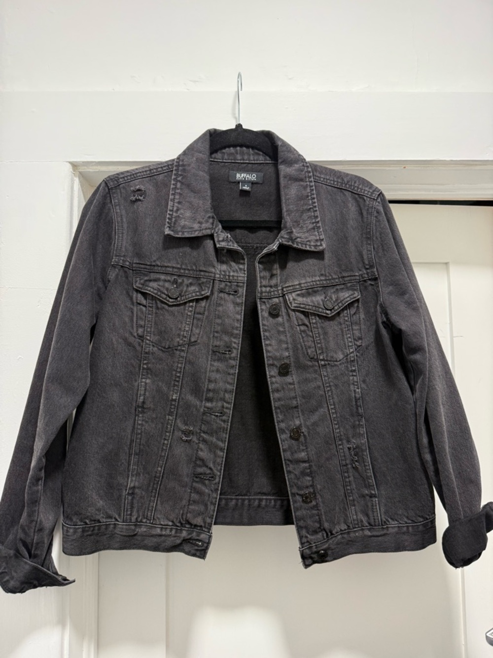 Black Denim Distressed Jacket, Size Small